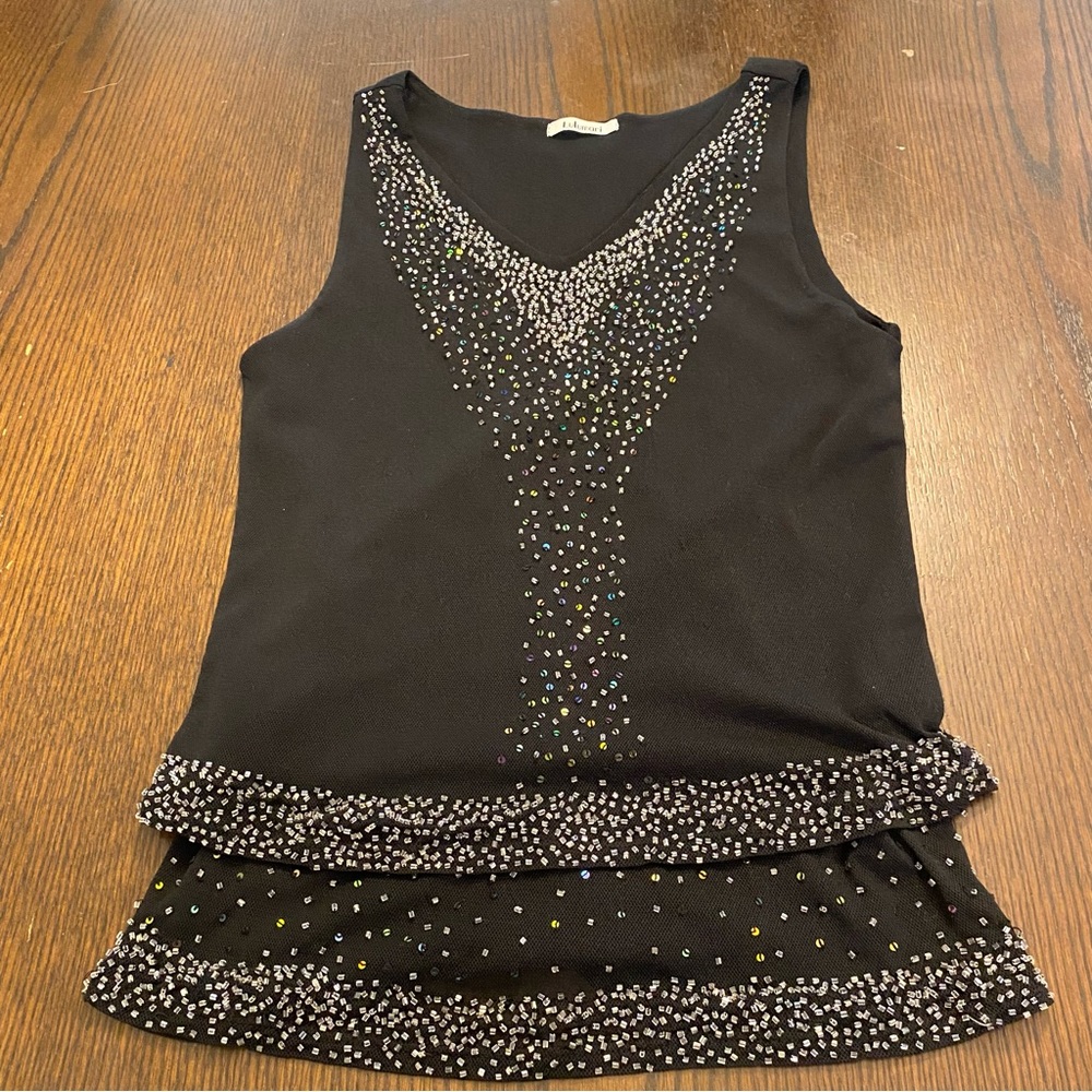 VTG Y2K Black Mesh Beaded V-neck Tank Top Size Small